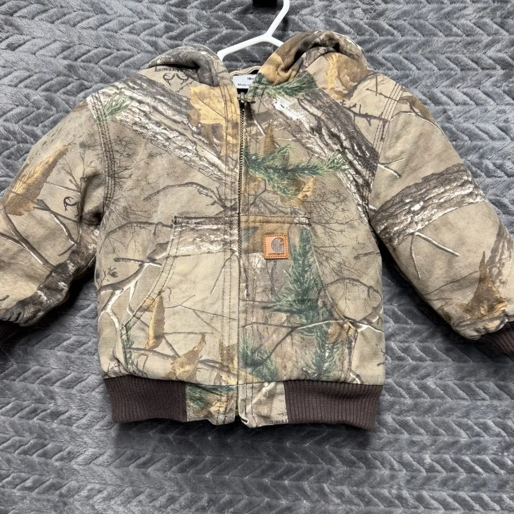 Carhartt‎ Hooded Work Jacket Kids 18M Camo Realtree Xtra Canvas Zip Coat